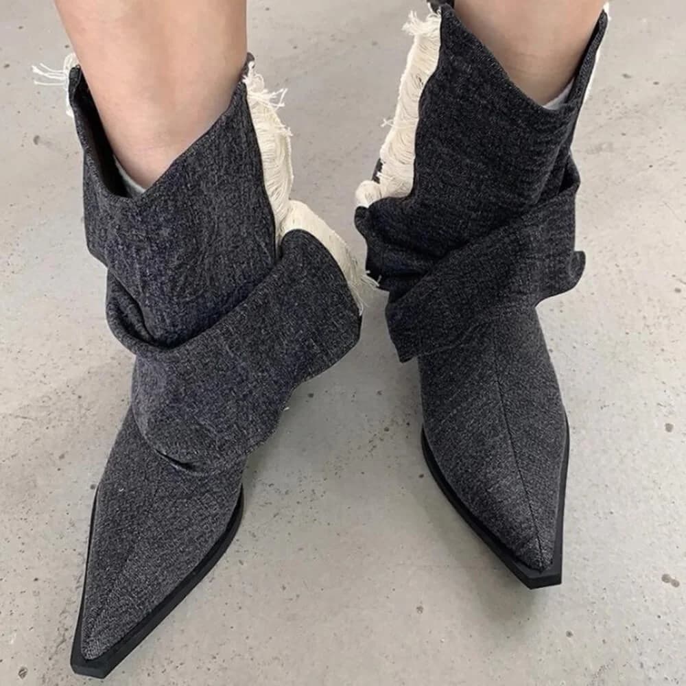 Y2K Style Distressed Black Denim Boots — view 3 Y2K Style Distressed Black Denim Boots — view 3