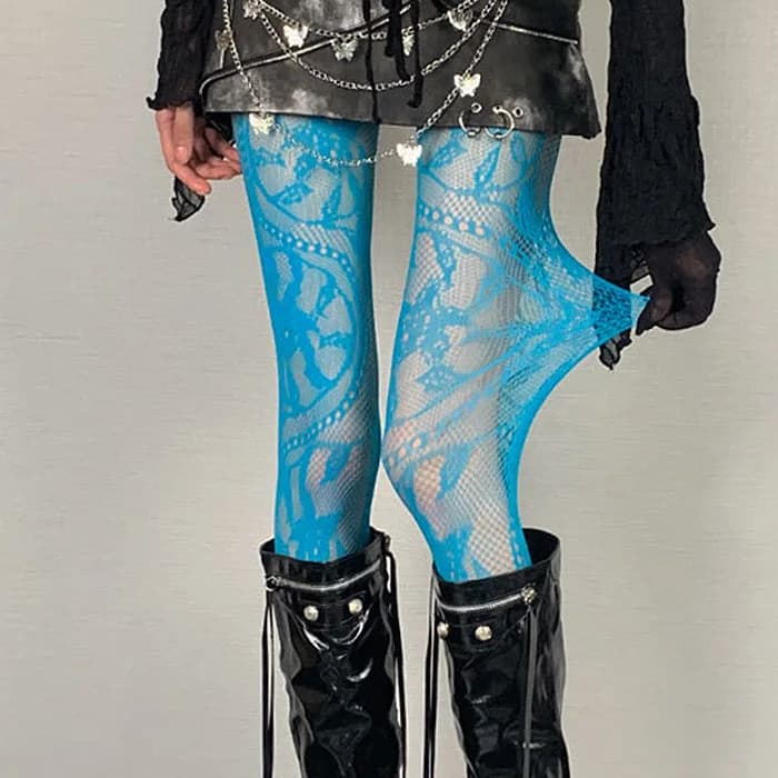 Lace Pattern Tights in Blue — view 2 Lace Pattern Tights in Blue — view 2