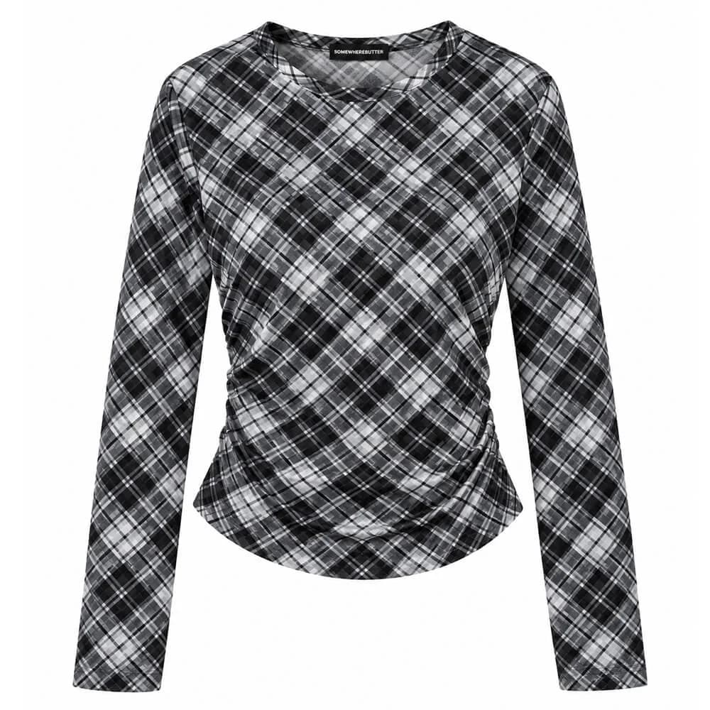 Diagonal Plaid Long Sleeve Mesh Top — view 2 Diagonal Plaid Long Sleeve Mesh Top — view 2