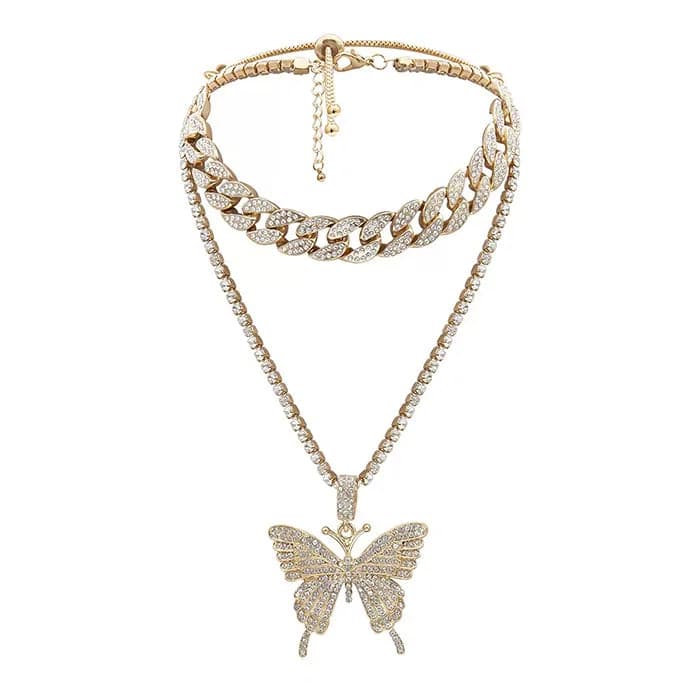 Butterfly Rhinestone Layered Necklace — view 2 Butterfly Rhinestone Layered Necklace — view 2