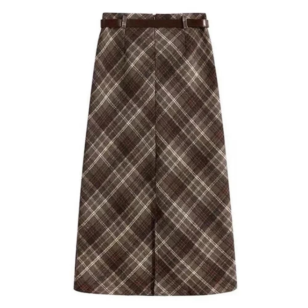 Coffee Cream Plaid Midi Skirt — view 2 Coffee Cream Plaid Midi Skirt — view 2