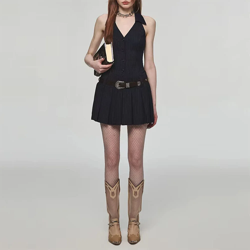 Pinstripe Halter Pleated Mini Dress — view 3 Pinstripe Halter Pleated Mini Dress — view 3