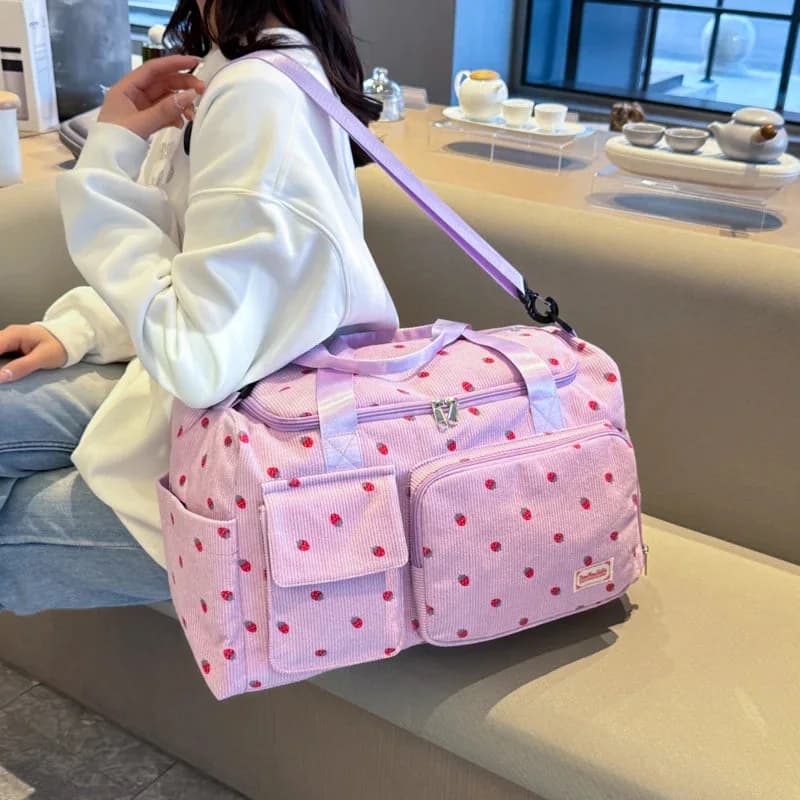 Strawberry Corduroy Travel Tote Bag Gym Bag Travel Bag with Shoe Compartment — view 2 Strawberry Corduroy Travel Tote Bag Gym Bag Travel Bag with Shoe Compartment — view 2