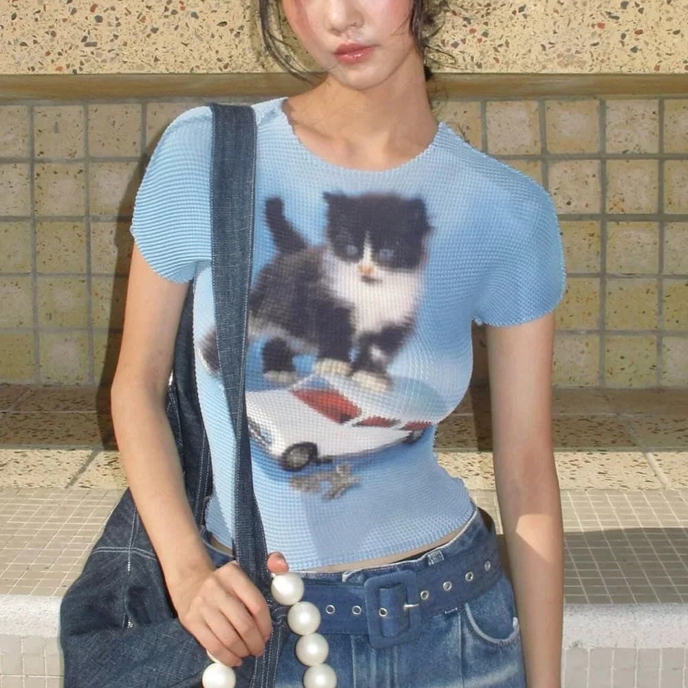 Playful Kitten Y2K Baby Tee — view 2 Playful Kitten Y2K Baby Tee — view 2
