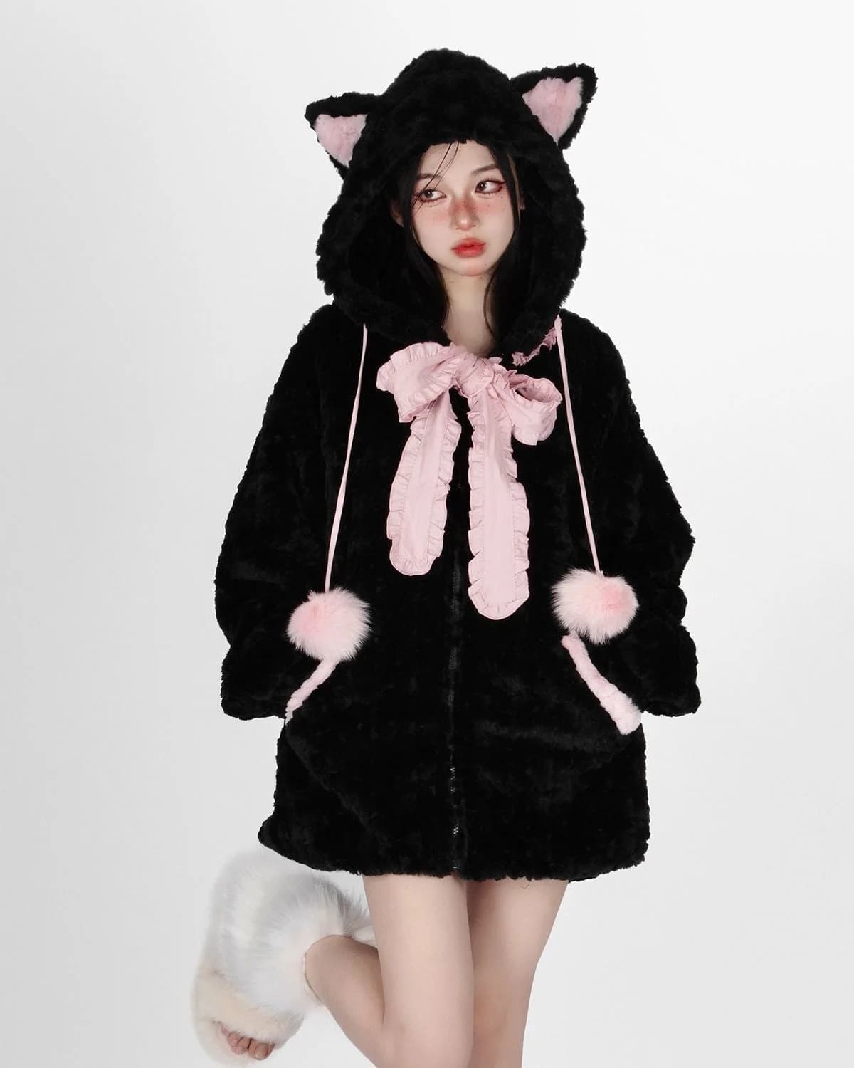 Fuzzy Neko Pompom Hooded Coat — view 3 Fuzzy Neko Pompom Hooded Coat — view 3