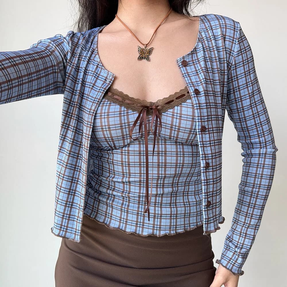 Gossip Goes Around Plaid Top + Cardigan Set — view 2 Gossip Goes Around Plaid Top + Cardigan Set — view 2