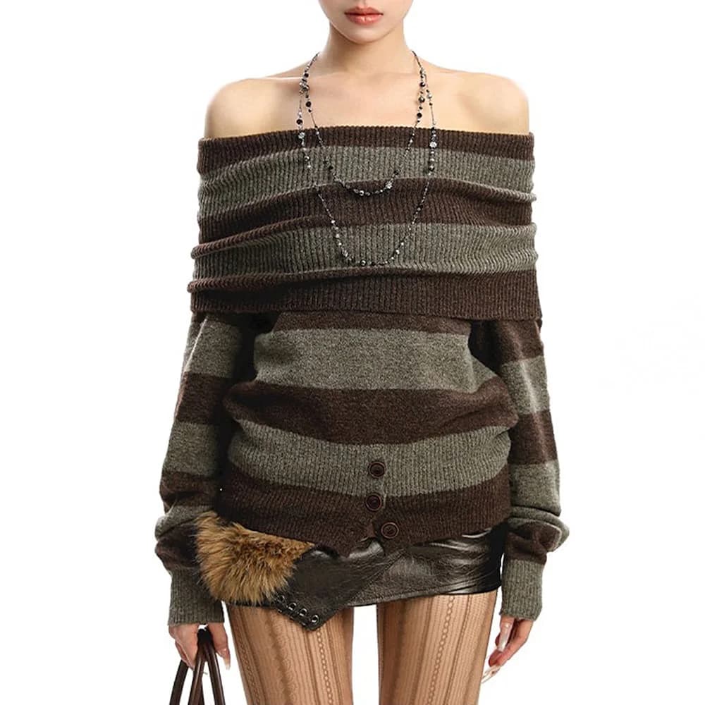 Black and Grey Off-Shoulder Knit Top — view 2 Black and Grey Off-Shoulder Knit Top — view 2