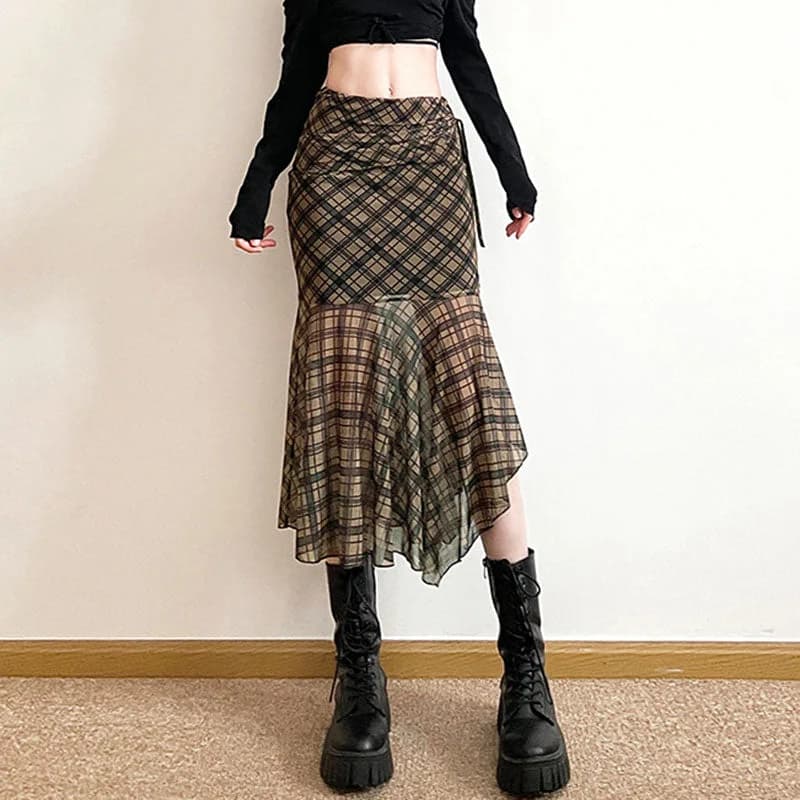 Plaid Asymmetrical Mesh Skirt — view 2 Plaid Asymmetrical Mesh Skirt — view 2