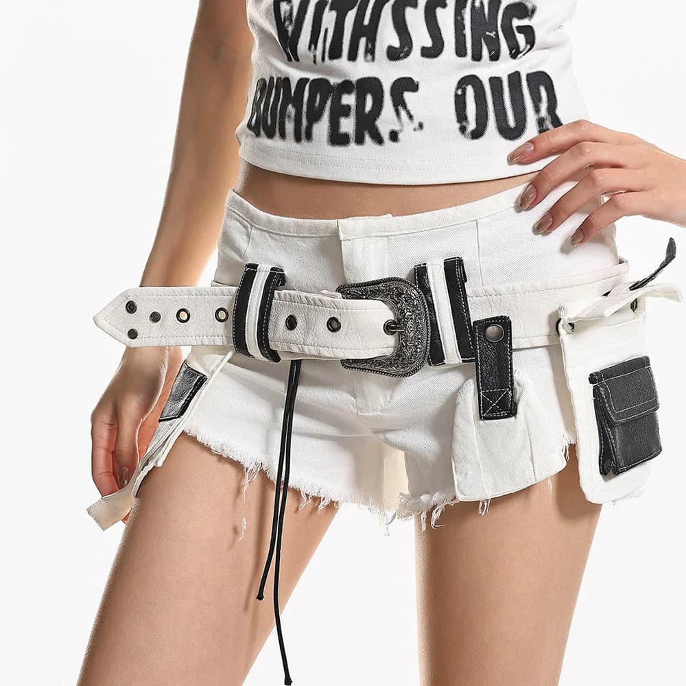 Y2K Low Rise Belted Mini Shorts — view 2 Y2K Low Rise Belted Mini Shorts — view 2