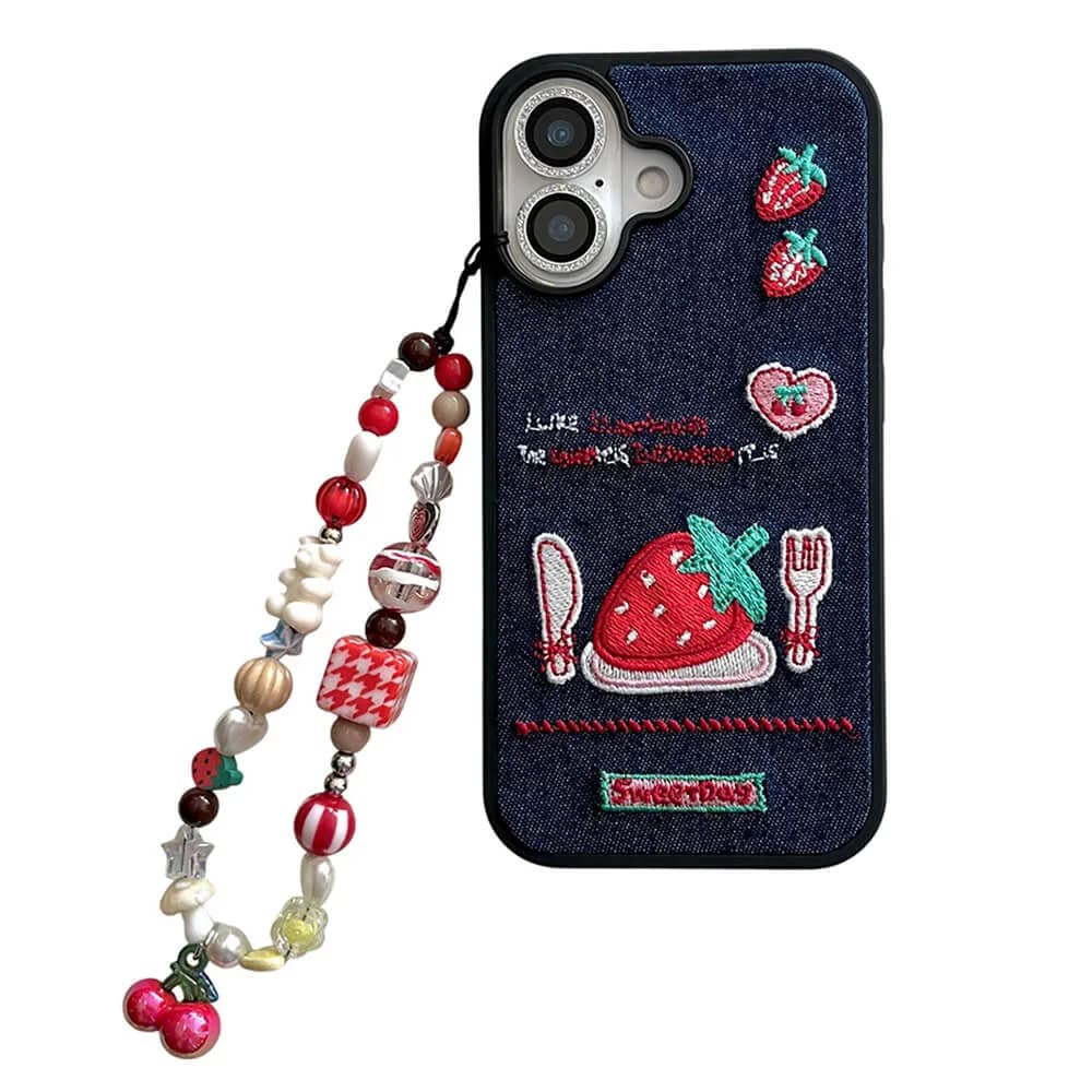 Strawberry Embroidery Denim iPhone Case — view 2 Strawberry Embroidery Denim iPhone Case — view 2