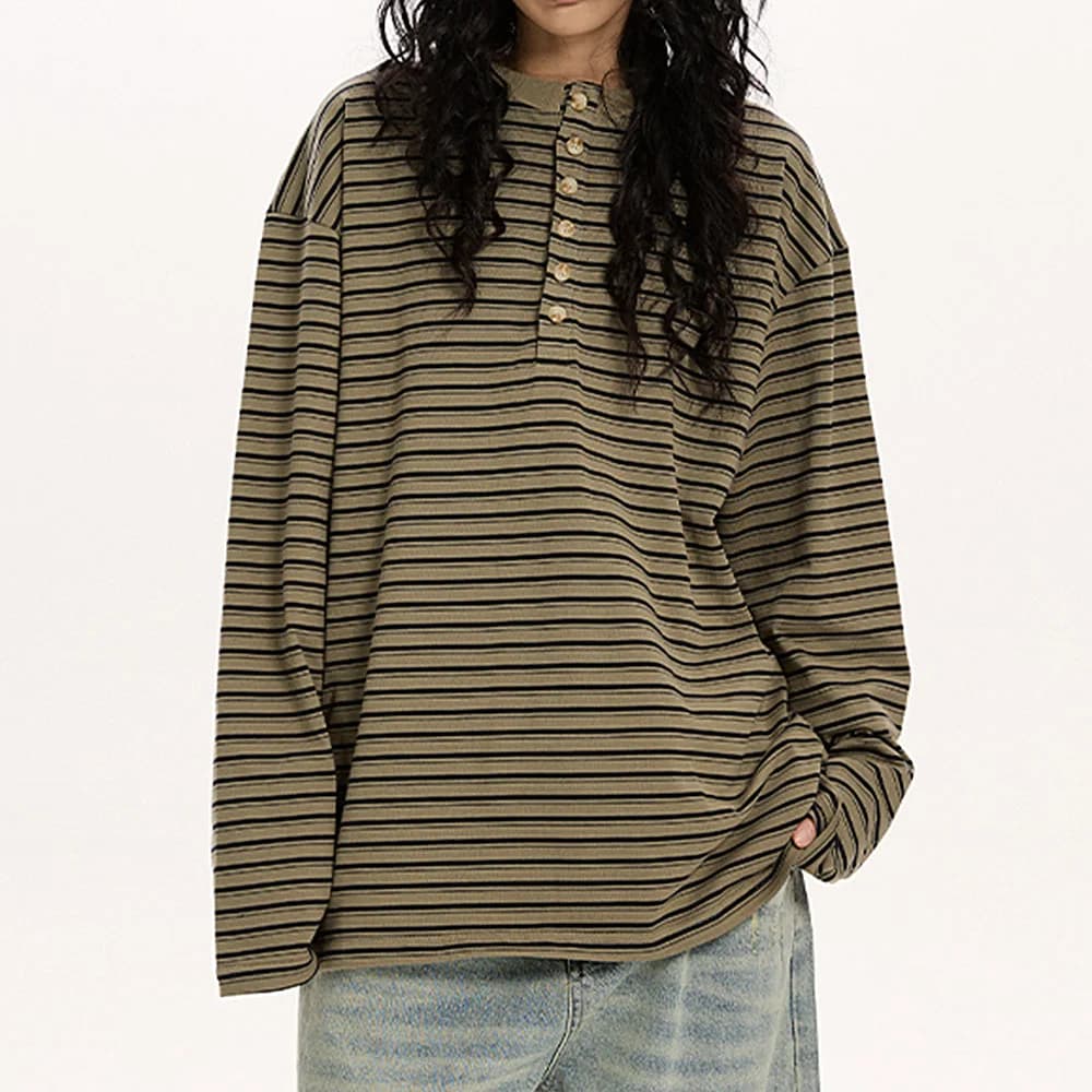 Relaxed Striped Button Up Long Sleeve Top — view 1 Relaxed Striped Button Up Long Sleeve Top — view 1