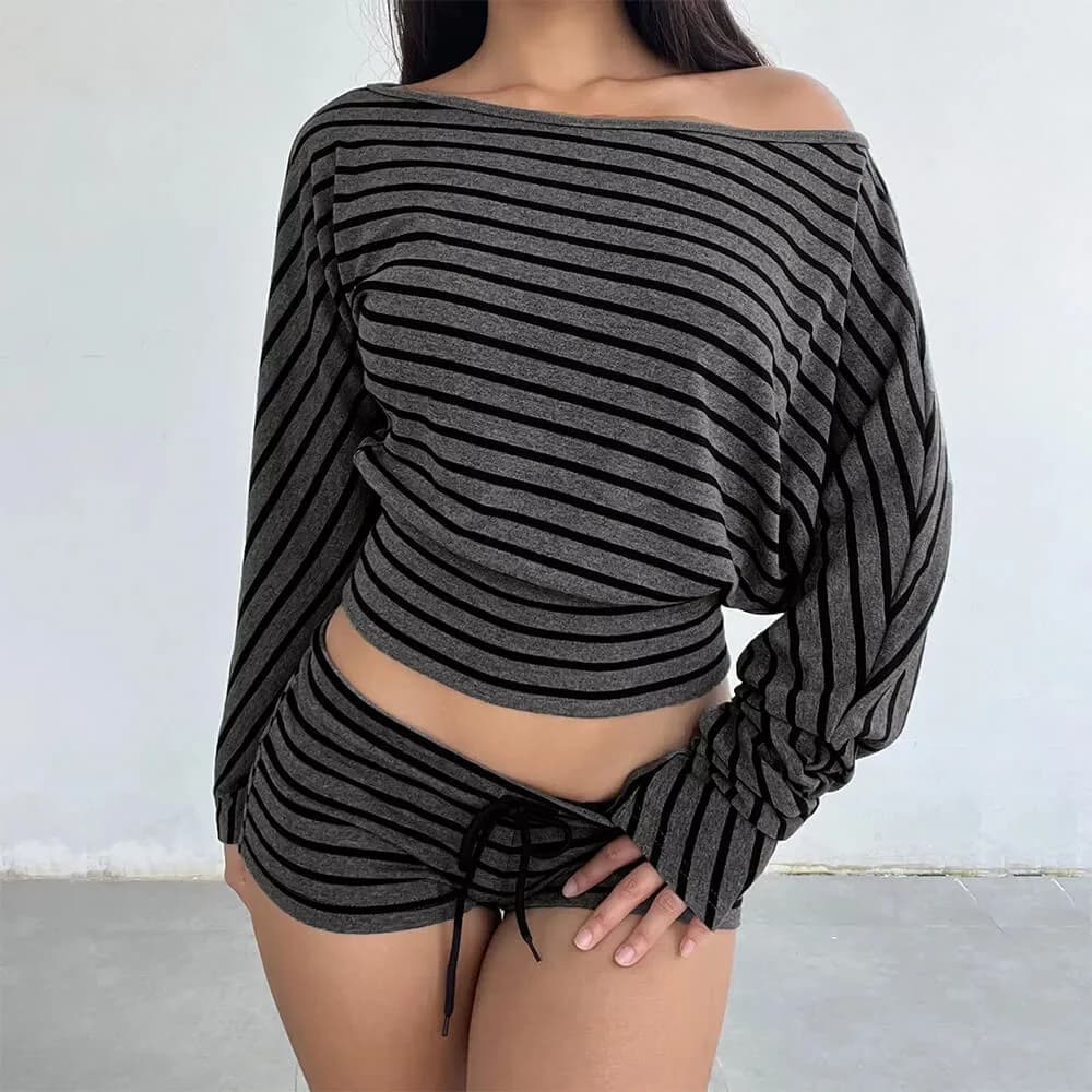 2000s One-Shoulder Top & Striped Shorts Set — view 2 2000s One-Shoulder Top & Striped Shorts Set — view 2
