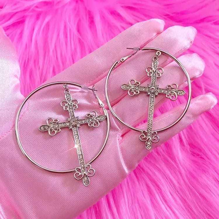 Crystal Cross Hoop Earrings — view 1 Crystal Cross Hoop Earrings — view 1