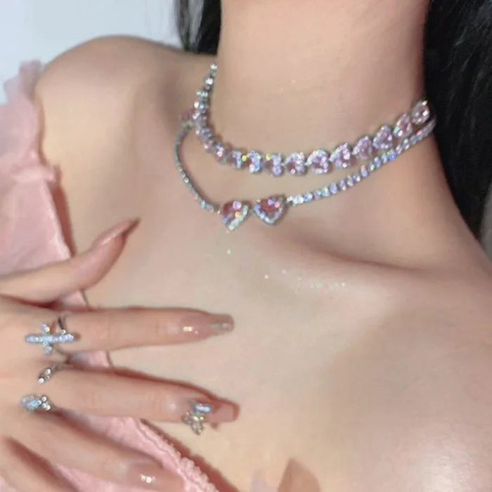 Y2K Pink Heart Rhinestone Necklace — view 2 Y2K Pink Heart Rhinestone Necklace — view 2