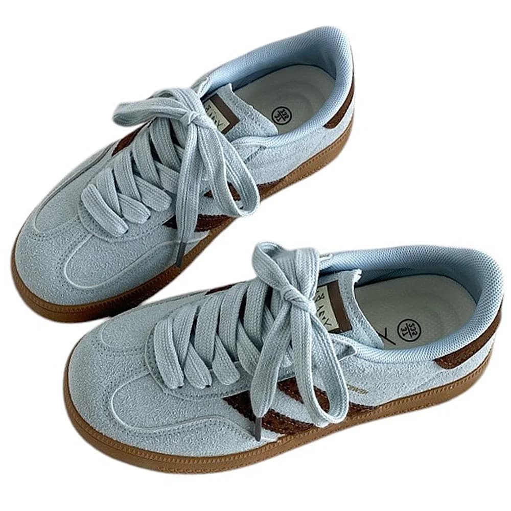 Dusty Blue & Brown Stripe Sneakers — view 2 Dusty Blue & Brown Stripe Sneakers — view 2