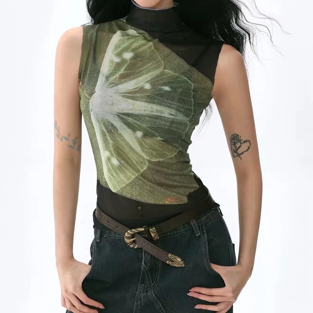 Butterfly Print Mesh Turtleneck Top — view 2 Butterfly Print Mesh Turtleneck Top — view 2