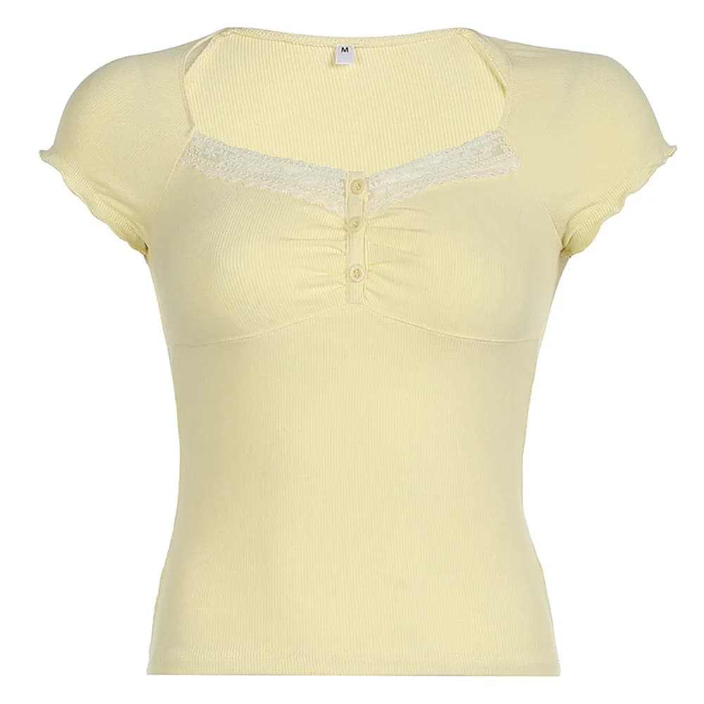 Lemon Sorbet Ribbed Lace Top — view 1 Lemon Sorbet Ribbed Lace Top — view 1