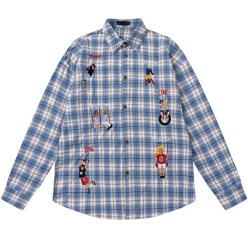 Indie Aesthetic Embroidered Plaid Shirt — view 1 Indie Aesthetic Embroidered Plaid Shirt — view 1