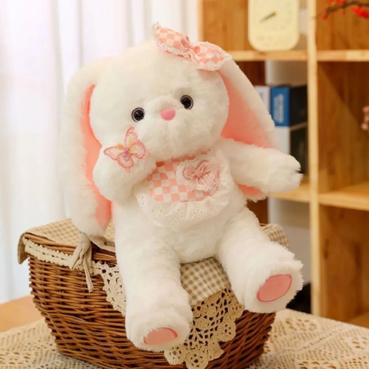 Pink Gingham Heart Bib Bunny Plush — view 2 Pink Gingham Heart Bib Bunny Plush — view 2