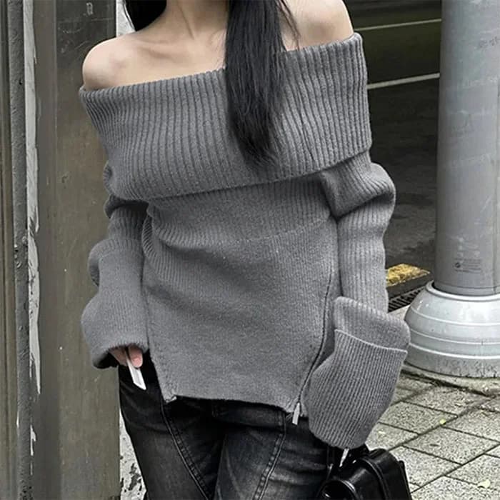 Grunge Off Shoulder Knit Sweater — view 2 Grunge Off Shoulder Knit Sweater — view 2