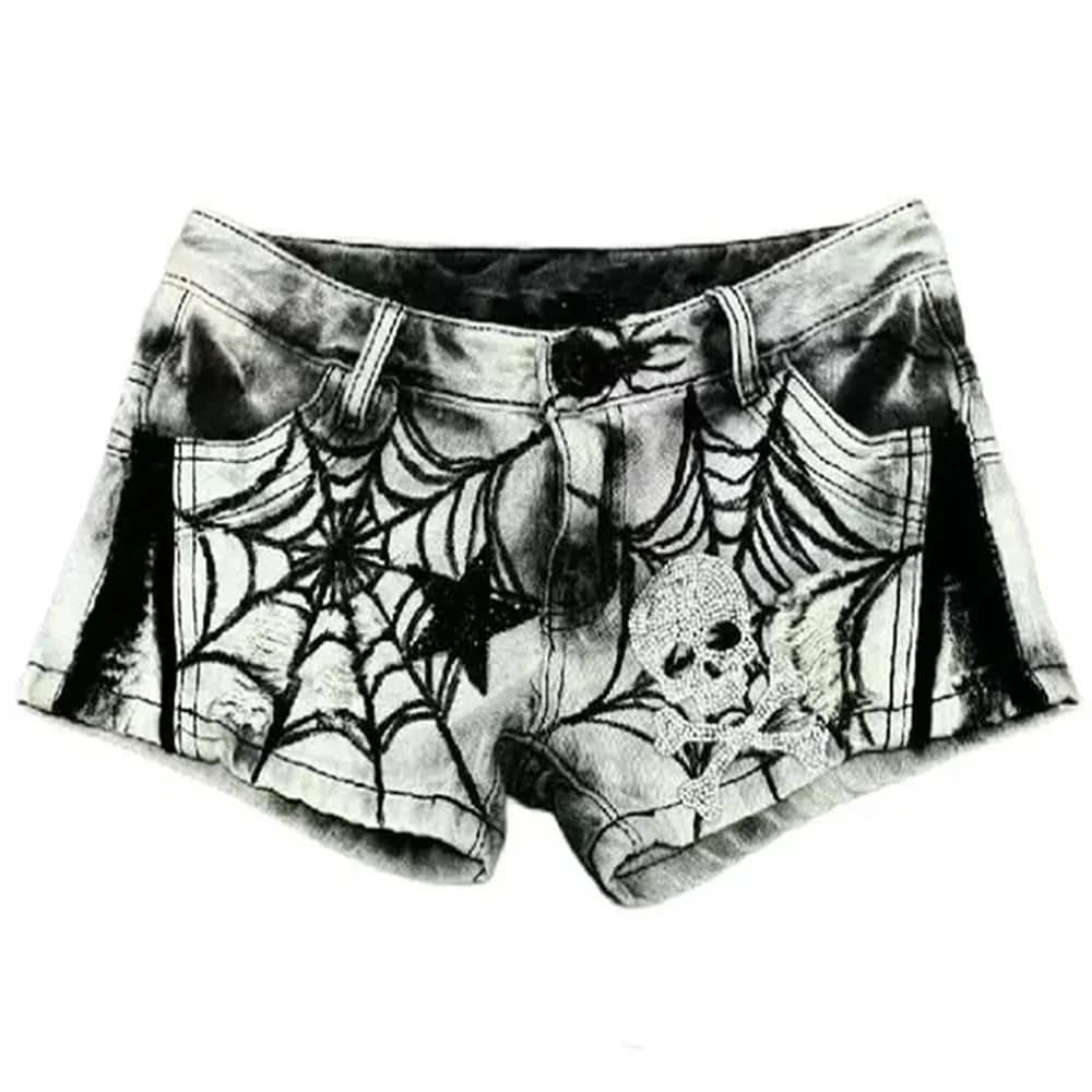 Grunge Spider Web Print Denim Shorts — view 1 Grunge Spider Web Print Denim Shorts — view 1