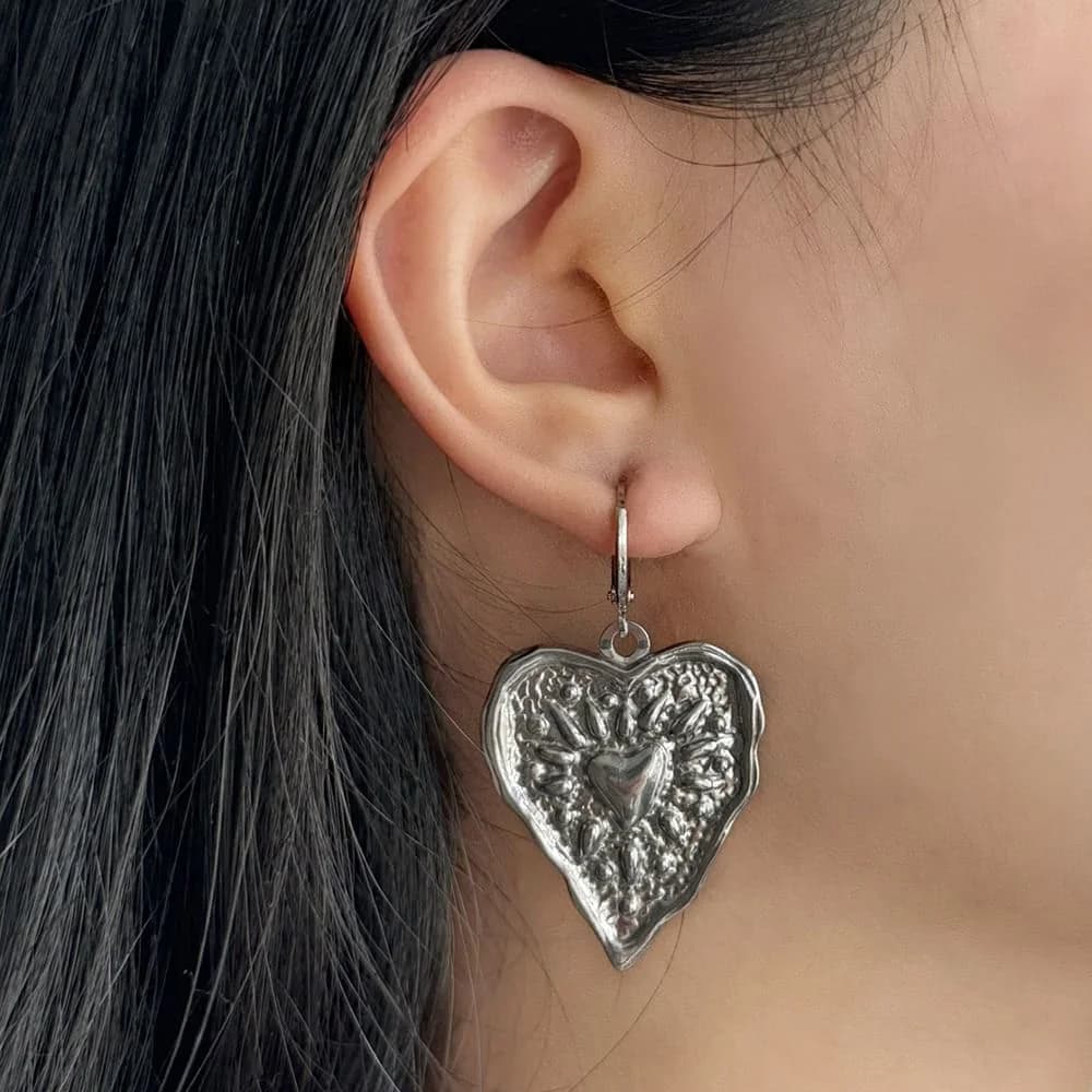 Silver Heart Coin Earrings — view 2 Silver Heart Coin Earrings — view 2