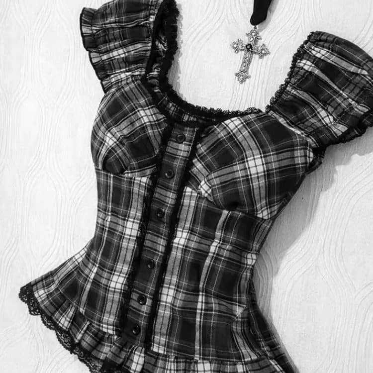 Black White Plaid Corset Top — view 2 Black White Plaid Corset Top — view 2