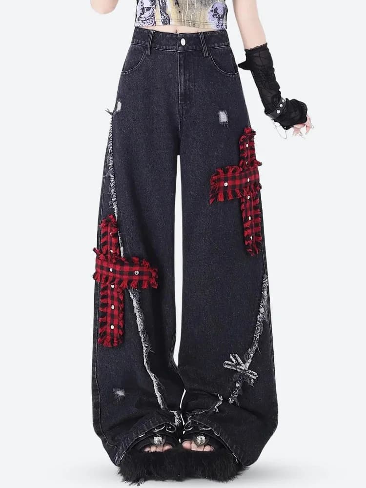 Grunge Plaid Cross Patch Jeans — view 2 Grunge Plaid Cross Patch Jeans — view 2
