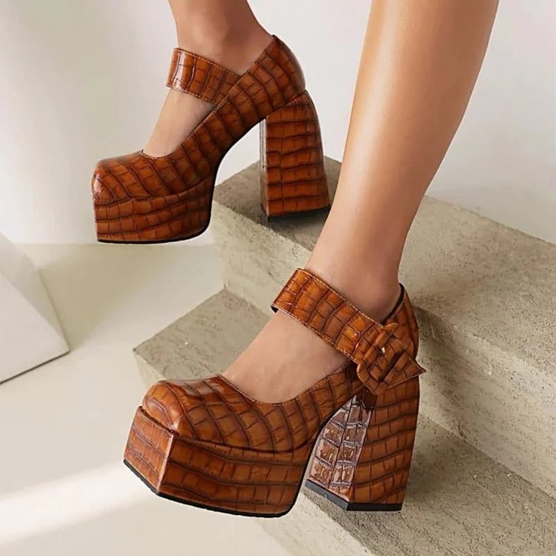 Crocodile Square Toe Platform High Heels — view 1 Crocodile Square Toe Platform High Heels — view 1