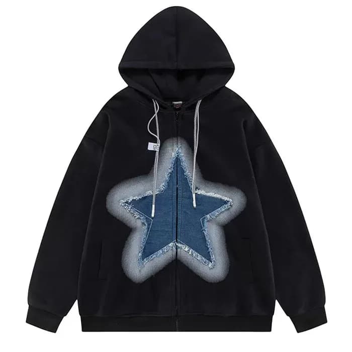 Y2K Denim Star Zip Up Hoodie — view 2 Y2K Denim Star Zip Up Hoodie — view 2