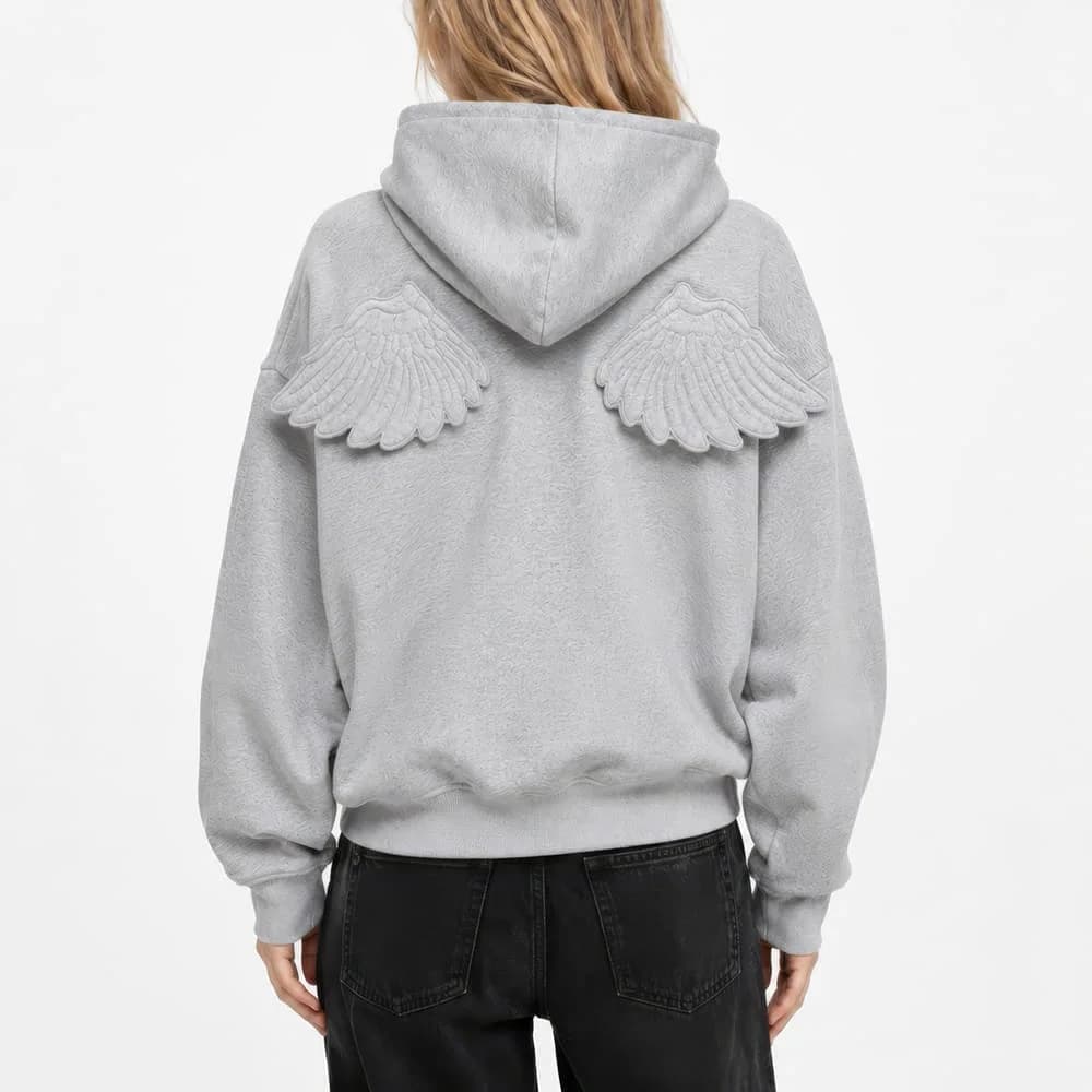 Grey Y2K Angel Wings Zip-Up Hoodie — view 3 Grey Y2K Angel Wings Zip-Up Hoodie — view 3