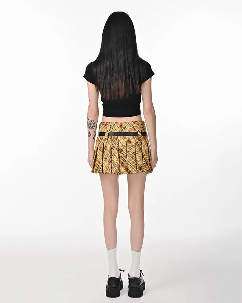 Double Belt Plaid Pleated Skirt in Yellow — view 3 Double Belt Plaid Pleated Skirt in Yellow — view 3