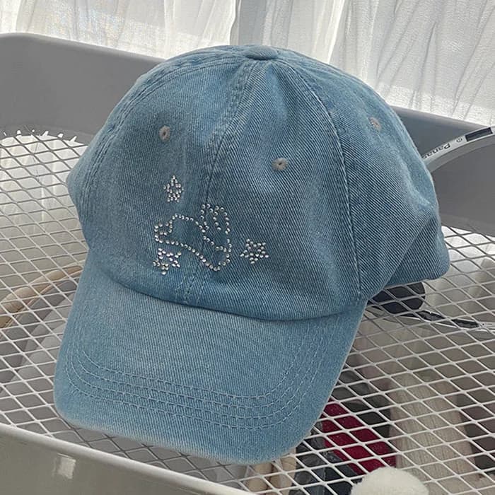 Rhinestone Bunny Y2K Denim Cap — view 2 Rhinestone Bunny Y2K Denim Cap — view 2