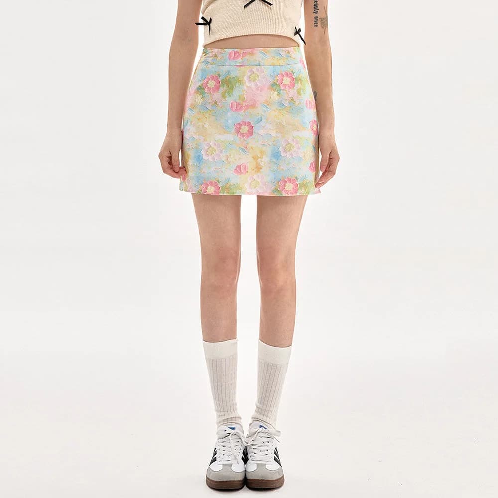 Pastel Brushstroke Floral Mini Skirt — view 2 Pastel Brushstroke Floral Mini Skirt — view 2