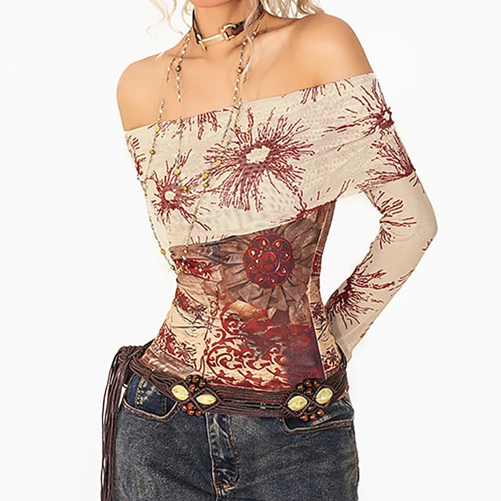 Sun Print Mesh Off-Shoulder Top — view 3 Sun Print Mesh Off-Shoulder Top — view 3