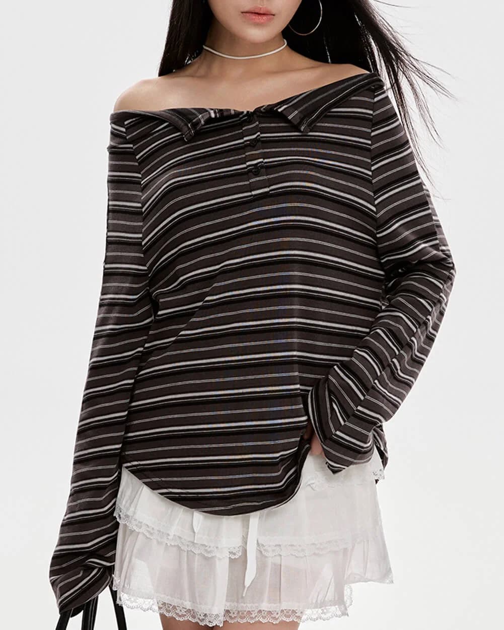 Y2K Off-Shoulder Henley Longsleeve — view 2 Y2K Off-Shoulder Henley Longsleeve — view 2
