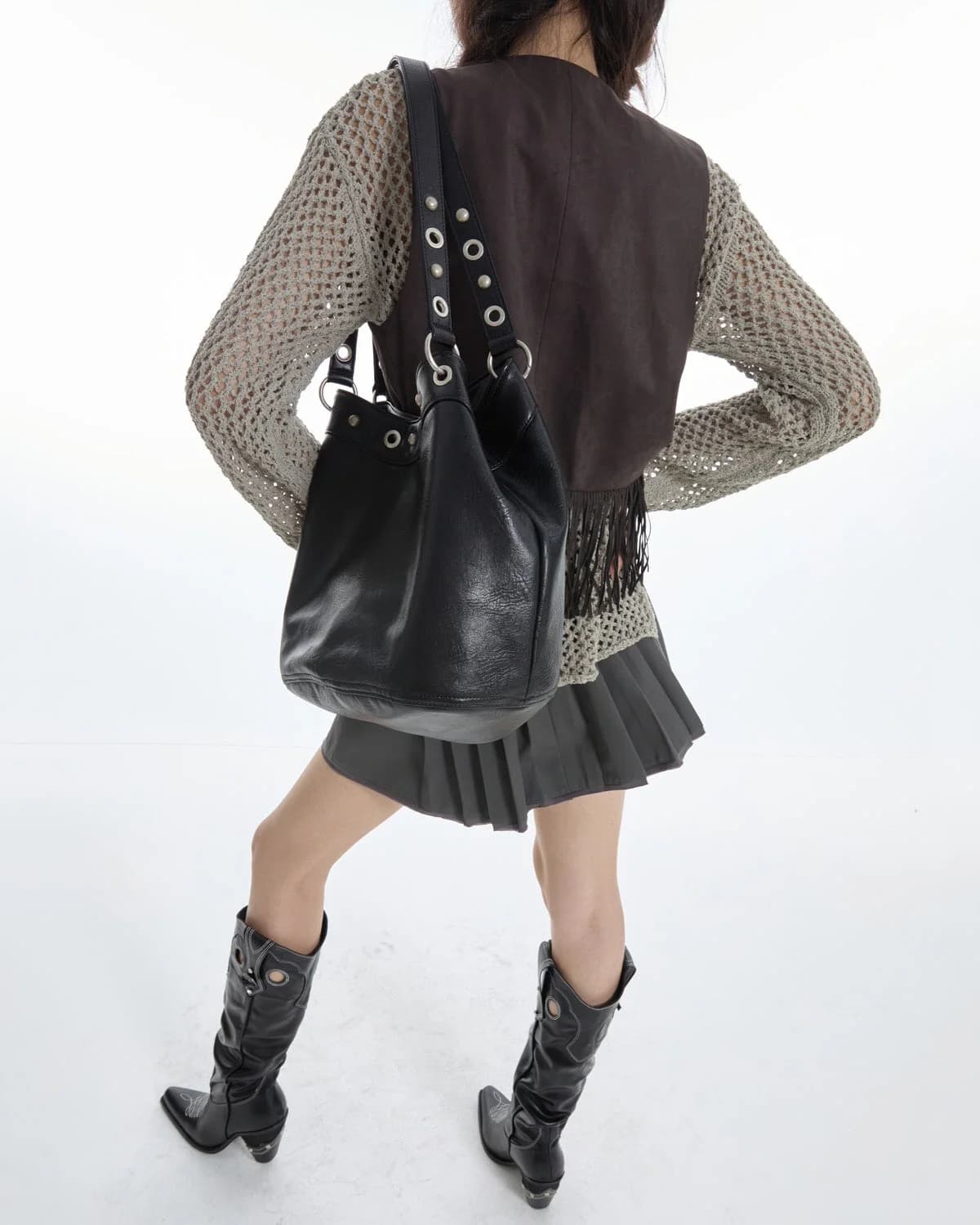 Too Busy Grommet Stud Black Shoulder Bag — view 2 Too Busy Grommet Stud Black Shoulder Bag — view 2
