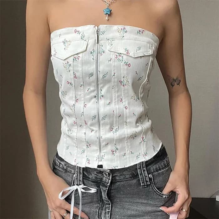 Floral Zip Up Corset Top — view 2 Floral Zip Up Corset Top — view 2