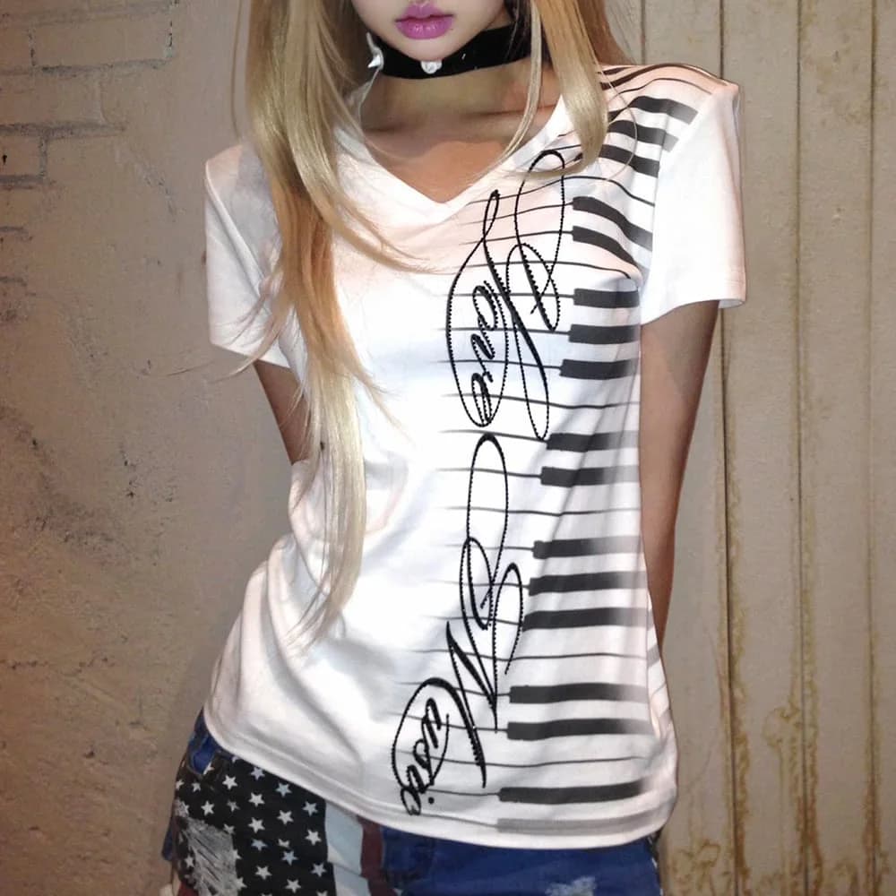 Piano Keyboard V-Neck T-Shirt — view 2 Piano Keyboard V-Neck T-Shirt — view 2