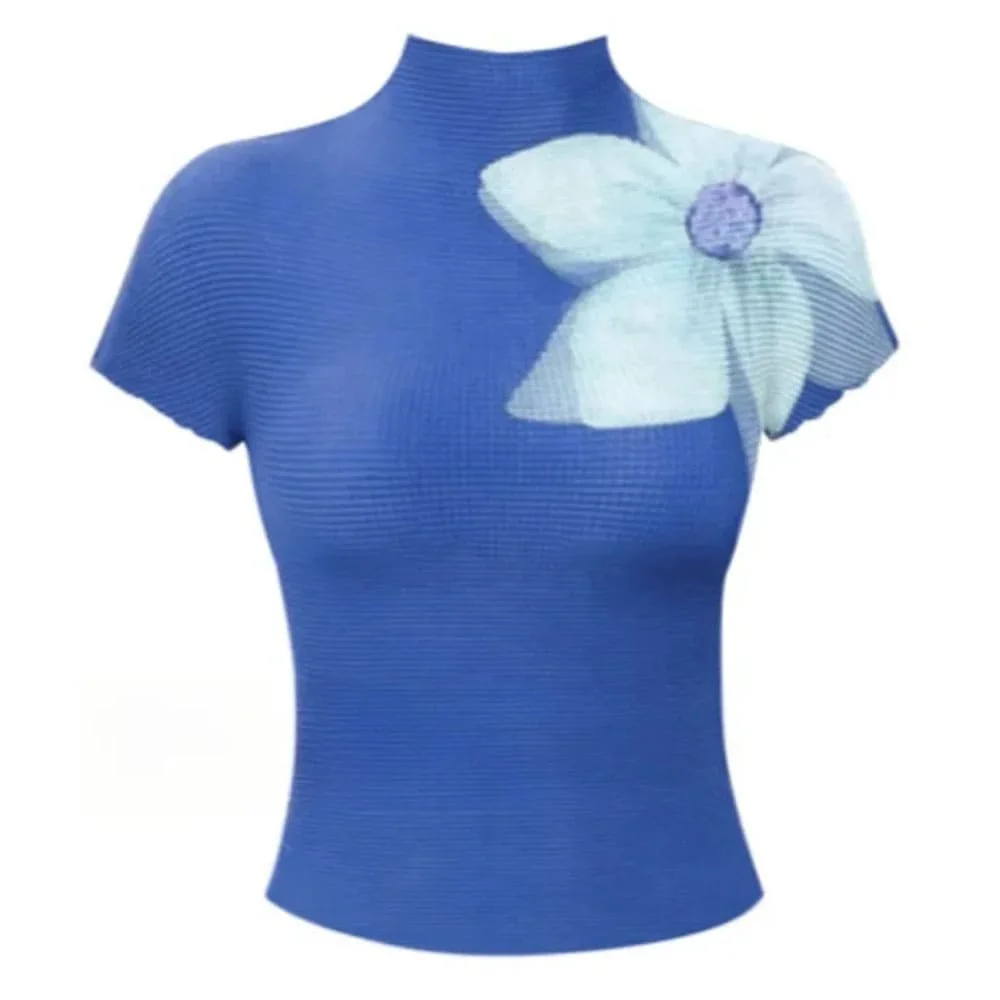 Blue Flower Print Mesh Top — view 1 Blue Flower Print Mesh Top — view 1