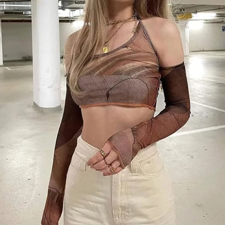 Brown Y2K Halter Crop Top — view 2 Brown Y2K Halter Crop Top — view 2