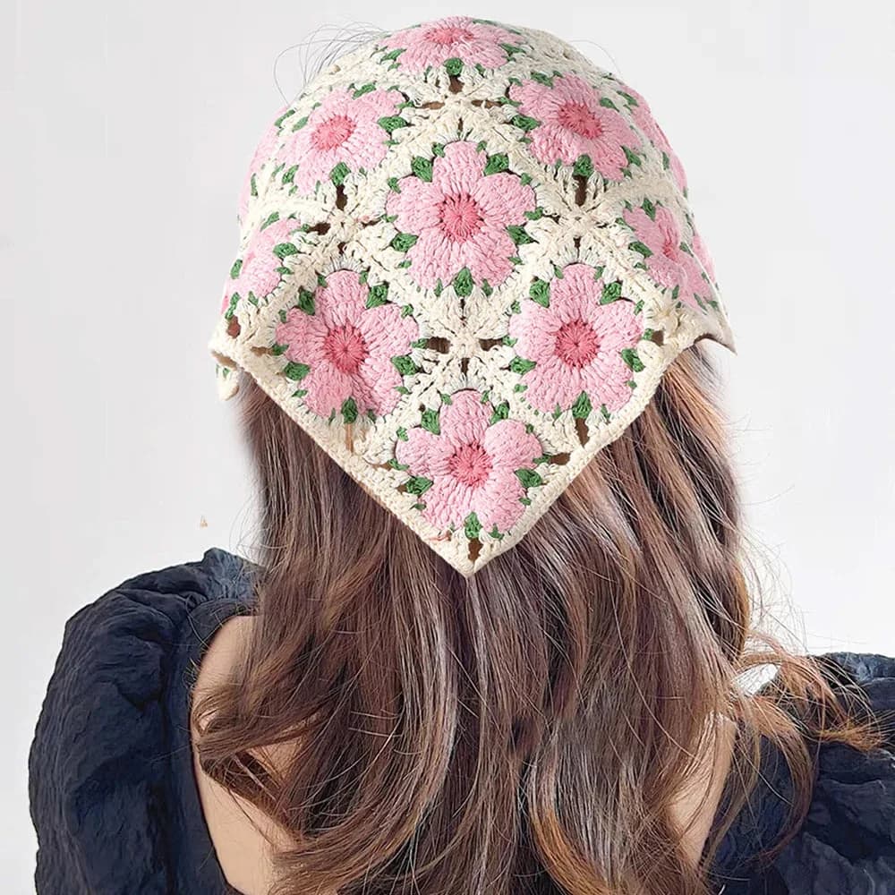 Pink Flower Crochet Bandana — view 2 Pink Flower Crochet Bandana — view 2