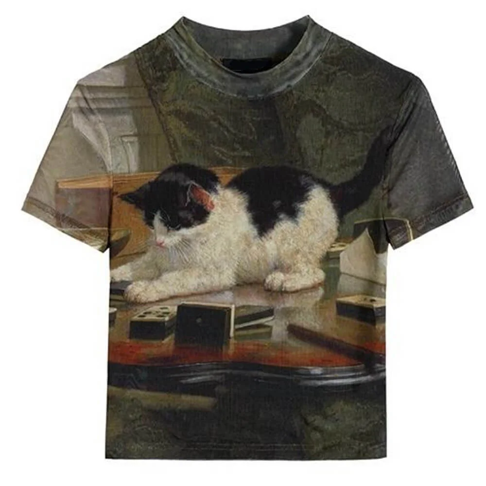 Playful Kitten Print Y2K Top — view 1 Playful Kitten Print Y2K Top — view 1