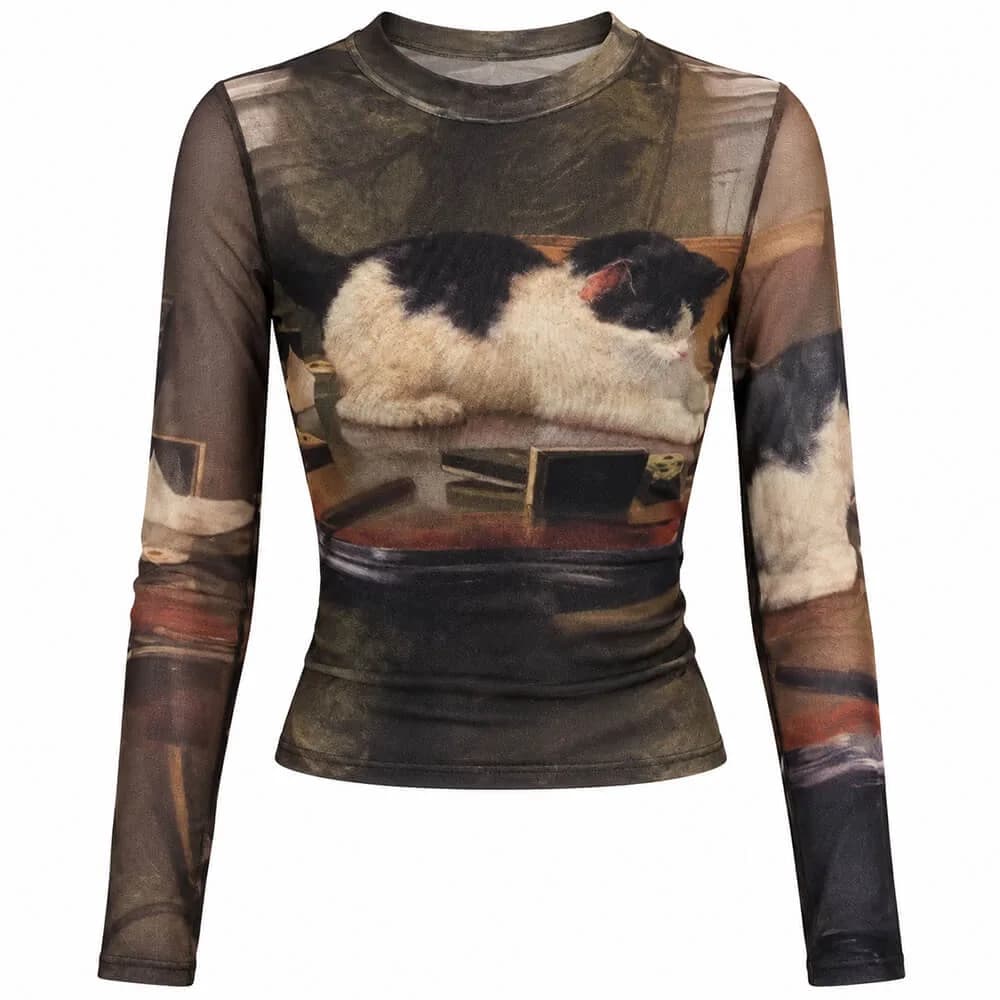 Playful Kitten Brown Long Sleeve Top — view 1 Playful Kitten Brown Long Sleeve Top — view 1