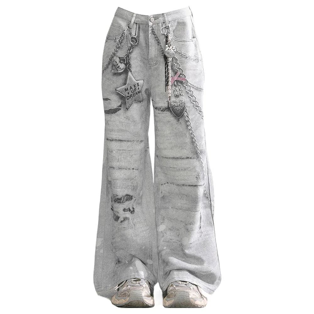 Washed Grey Y2K Chain Print Jeans — view 1 Washed Grey Y2K Chain Print Jeans — view 1