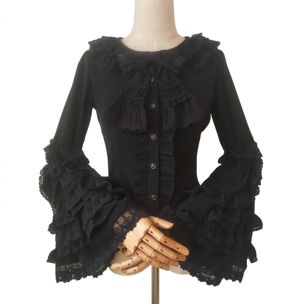 Jirai Kei Black Ruffle Lace Flare Sleeve Button Blouse — view 1 Jirai Kei Black Ruffle Lace Flare Sleeve Button Blouse — view 1