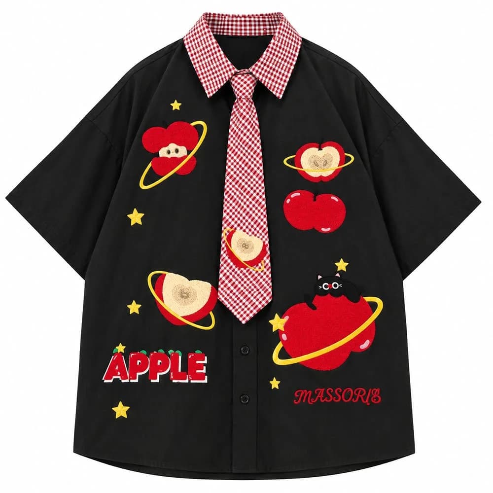 Apple Embroidered Short Sleeve Tie Shirt — view 2 Apple Embroidered Short Sleeve Tie Shirt — view 2