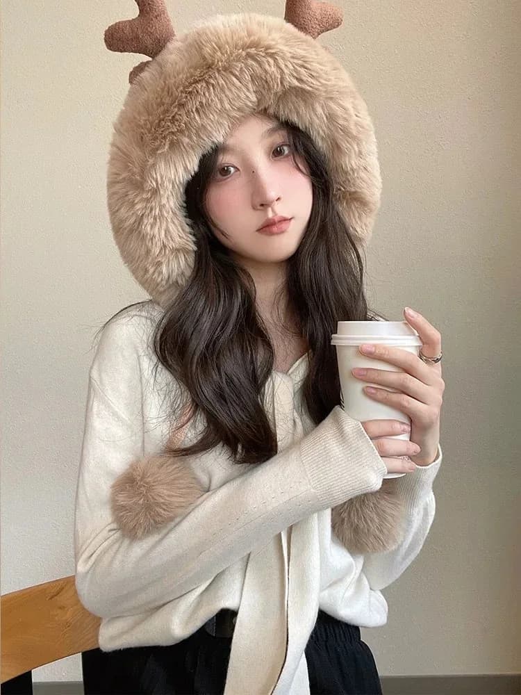 Deer Antler Fluffy Knit Winter Hat — view 2 Deer Antler Fluffy Knit Winter Hat — view 2