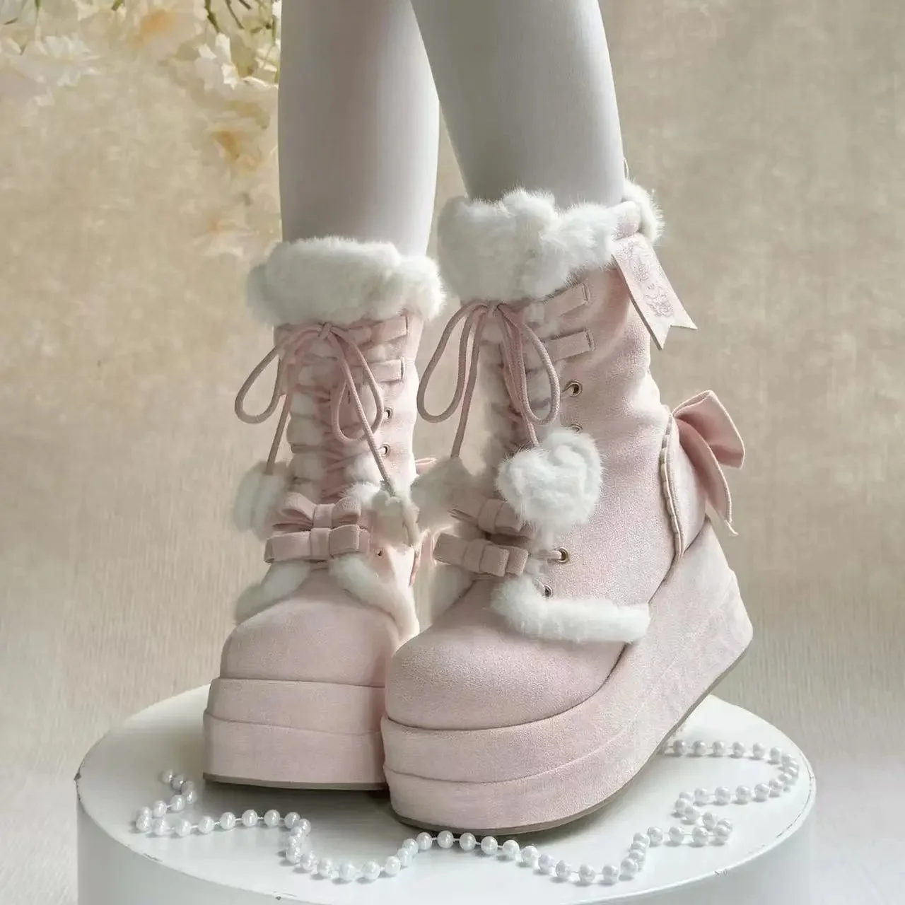 Fluffy Heart Pom Pom Platform Boots — view 1 Fluffy Heart Pom Pom Platform Boots — view 1