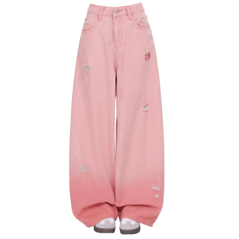 Pink Peaches Embroidery Baggy Jeans — view 1 Pink Peaches Embroidery Baggy Jeans — view 1